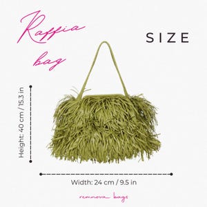 May include: A lime green raffia bag with a fringed texture and a single braided handle. Text on the image reads: Raffia bag, SIZE, Height: 40 cm / 15.3 in, Width: 24 cm / 9.5 in, remnova bags. The bag features a rectangular body covered in long strips.