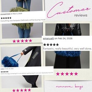 May include: A collage of customer reviews featuring two distinct handbags. One is a vibrant olive green fringe bag with a chain strap, and the other is a bright blue fringe bag with a matching strap. Both bags are shown in use with various outfits.