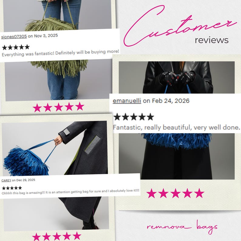 May include: A collage of customer reviews featuring two distinct handbags. One is a vibrant olive green fringe bag with a chain strap, and the other is a bright blue fringe bag with a matching strap. Both bags are shown in use with various outfits.