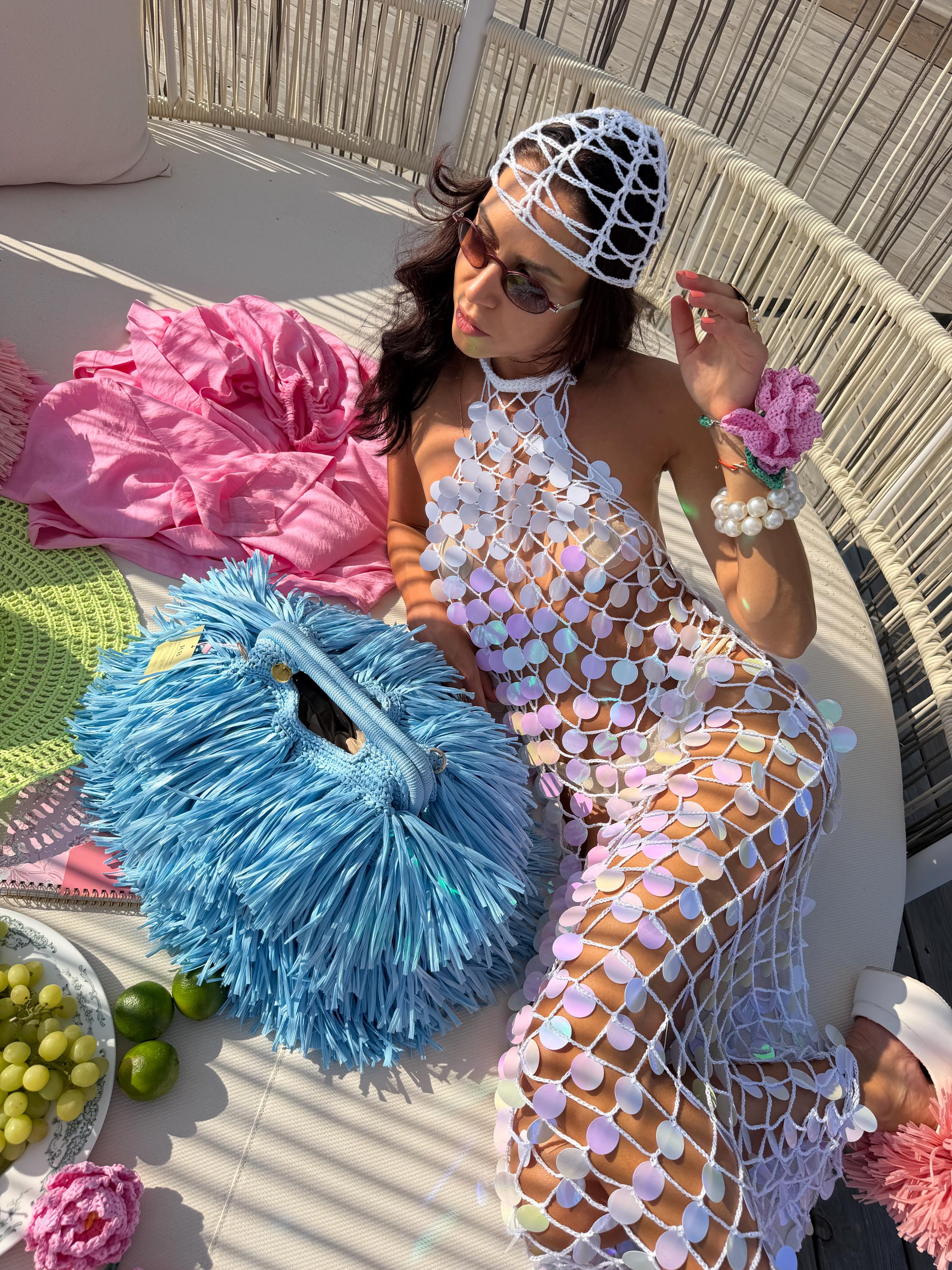 green eyelet beaded strap mini ibiza dress Sequin Color:Wheat Round Neckline Honey Aqua Sequin Mini Formal dress Do Not Bleach