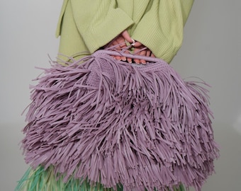 Handmade Purple Raffia Tote Bag, Woven Shoulder Bag and Fringe Clutch, Crochet Tote, Eco Friendly Purse, Gift for Her