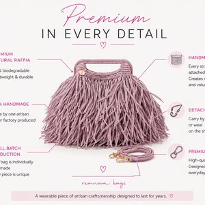 May include: A mauve raffia handbag with a structured top handle and long fringe detailing. The bag includes a detachable shoulder strap with gold-tone metal hardware. Text on the image reads: Premium in every detail, Remnova bags, and A wearable piece of artisan craftsmanship designed to last for years.