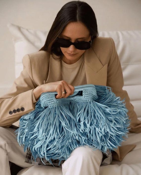 Sky Blue Raffia Fringe Bag, Oversized Woven Handbag, Statement Raffia Bag, Resort Vacation Purse, Luxury Fringe Handbag, Honeymoon Gift