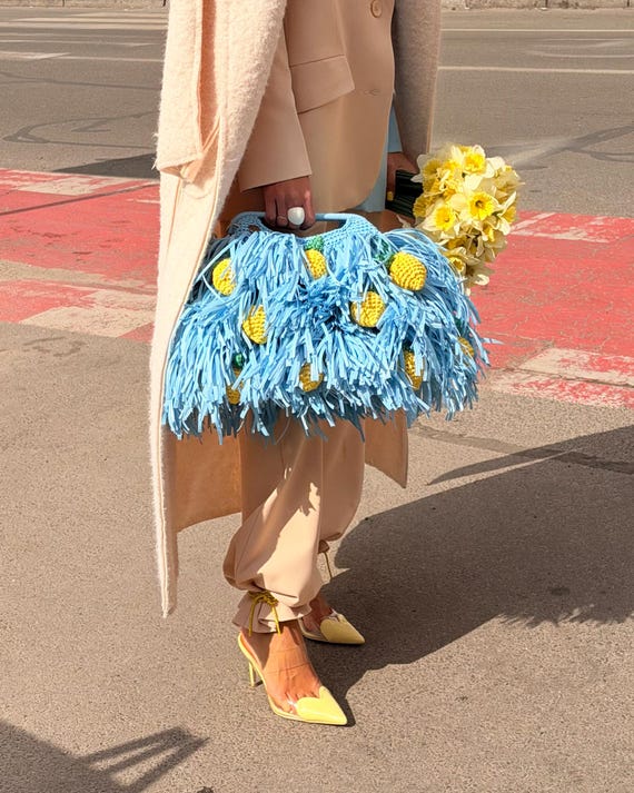 Lemon Accent Raffia Clutch, Woven Straw Fringe Handbag, Crochet Raffia Purse, Summer Beach Clutch Bag, Handmade Unique Woven Accessory