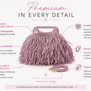 May include: A mauve raffia handbag with a structured top handle and long fringe detailing. The bag includes a detachable shoulder strap with gold-tone metal hardware. Text on the image reads: Premium in every detail, Remnova bags, and A wearable piece of artisan craftsmanship designed to last for years.
