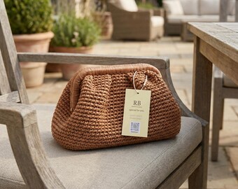 Bolso de mano de rafia, bolso de mano de paja de crochet de lujo para noche y playa, bolso de mano bohemio de rafia para verano.