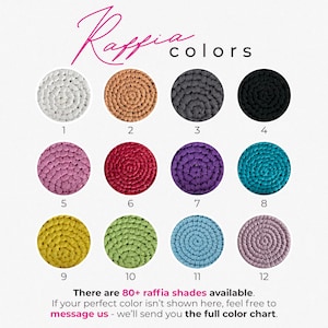 May include: A color chart titled Raffia colors displaying twelve circular swatches of crocheted raffia in white, tan, dark gray, black, pink, red, purple, teal, yellow, light green, light blue, and lavender, numbered 1 through 12 with text below.