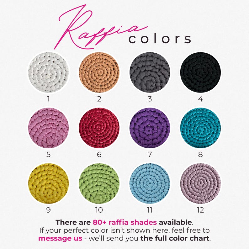 May include: A color chart titled Raffia colors displaying twelve circular swatches of crocheted raffia in white, tan, dark gray, black, pink, red, purple, teal, yellow, light green, light blue, and lavender, numbered 1 through 12 with text below.