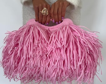 Pink Raffia Woven Tote Bag, Crochet Shoulder Handbag with Fringe, Eco Friendly Straw Clutch Purse, Raffia Knitting Bag, Gift for Her