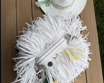 White Mini Raffia Bag, Handmade Crochet Purse, Woven Straw Tote, Fringe Clutch, Summer Beach Handbag