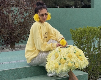 Yellow Raffia Bag With Lemon Charms, Handmade Fringe Purse, Summer Crochet Straw Handbag