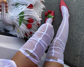 White Thigh High Stockings, Soft Lace Nylon Hosiery, Elegant Knee High Socks, Vintage Style Womens Stockings, Everyday Wear, Holiday Gift