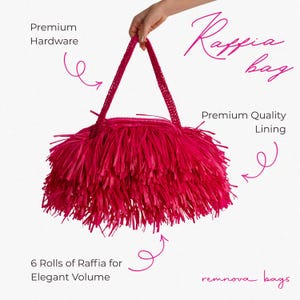 May include: A bright pink raffia bag with a textured, layered fringe design and a single handle. Text on the image includes "Raffia bag", "Premium Hardware", "Premium Quality Lining", "6 Rolls of Raffia for Elegant Volume", and "remnova bags".