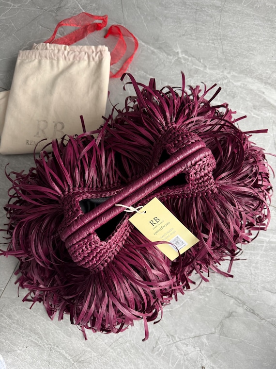Burgundy Raffia Woven Handbag, Crochet Fringe Tote Purse, Handmade Summer Clutch for Her