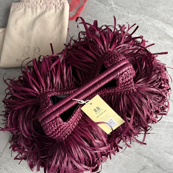 Burgundy Raffia Woven Handbag, Crochet Fringe Tote Purse, Handmade Summer Clutch for Her