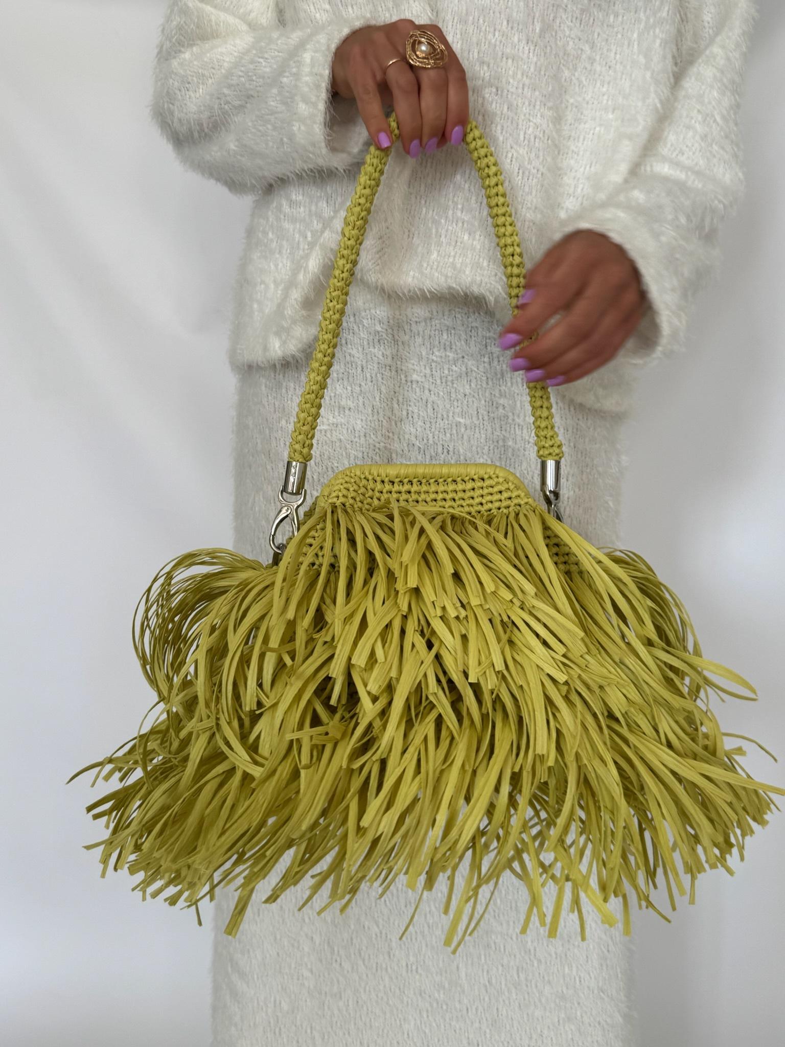 Handcrafted Raffia Fringe Bag, Woven Shoulder Tote and Clutch