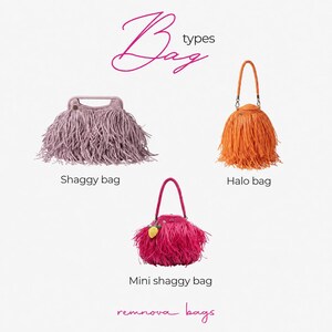 May include: Three bags labeled Bag types, Shaggy bag, Halo bag, and Mini shaggy bag by remnova bags. The shaggy bag is mauve with a rectangular handle. The orange halo bag and pink mini shaggy bag have braided handles and a small lemon charm.