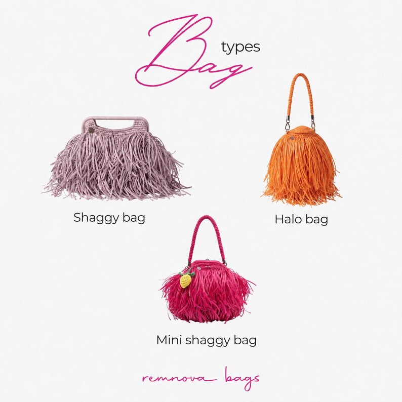 May include: Three bags labeled Bag types, Shaggy bag, Halo bag, and Mini shaggy bag by remnova bags. The shaggy bag is mauve with a rectangular handle. The orange halo bag and pink mini shaggy bag have braided handles and a small lemon charm.