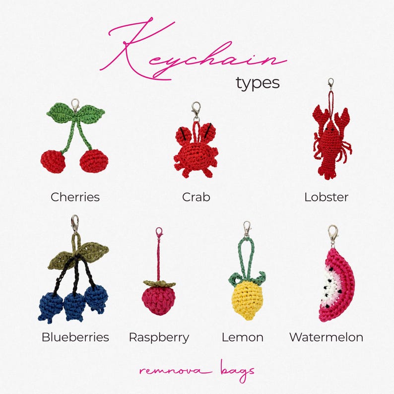 May include: A collection of seven crocheted keychains labeled Keychain types and remnova bags. The designs include red cherries, a red crab, a red lobster, blue blueberries, a red raspberry, a yellow lemon, and a pink watermelon slice.