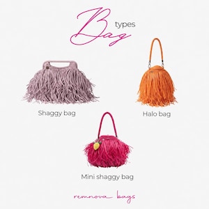 以下が含まれることがあります： remnova bagsによるBag types、Shaggy bag、Halo bag、Mini shaggy bagとラベル付けされた3つのバッグ。Shaggy bagはモーヴ色で長方形のハンドル付き。オレンジ色のHalo bagとピンク色のMini shaggy bagは編み込みハンドルと小さなレモンのチャームが付いています。