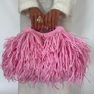 Burgundy Raffia Woven Handbag, Crochet Fringe Tote Purse, Handmade Summer Clutch for Her image 10