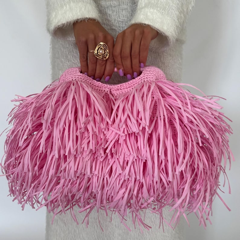 Burgundy Raffia Woven Handbag, Crochet Fringe Tote Purse, Handmade Summer Clutch for Her image 10