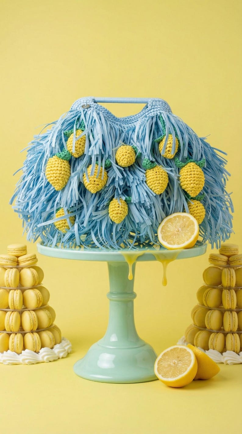 May include: A light blue crocheted handbag featuring a fringe texture and attached yellow crocheted lemon motifs with green leaves. The bag sits on a light green pedestal stand, flanked by two towers of yellow macarons and fresh lemon slices.
