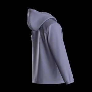Może przedstawiać: Jasnofioletowa bluza z kapturem ze sznurkiem i długimi rękawami. Bluza z kapturem ma prosty, minimalistyczny design i jest wykonana z miękkiego, wygodnego materiału. Tło jest czarne.