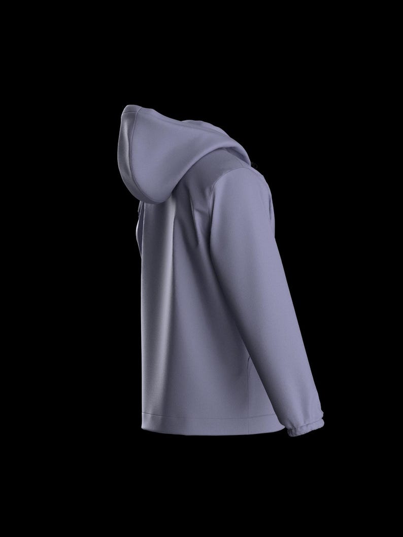 Może przedstawiać: Jasnofioletowa bluza z kapturem ze sznurkiem i długimi rękawami. Bluza z kapturem ma prosty, minimalistyczny design i jest wykonana z miękkiego, wygodnego materiału. Tło jest czarne.