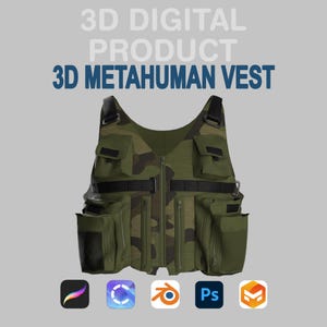 May include: A digital 3D rendering of a green camouflage vest with multiple pockets and a black zipper. The text "3D DIGITAL PRODUCT" and "3D METAHUMAN VEST" is displayed at the top. Icons for digital art software are at the bottom.