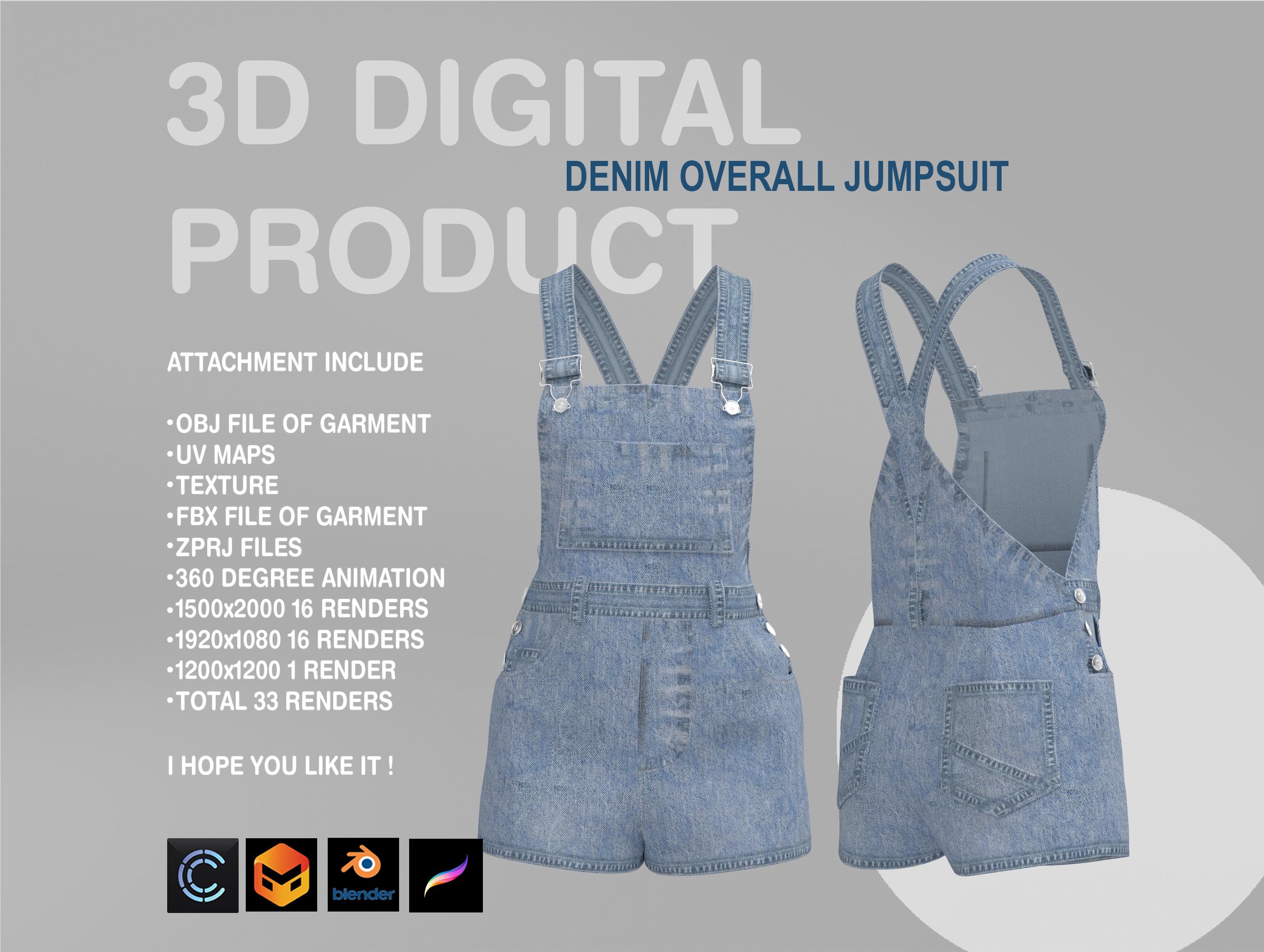 3D Denim Overall Jumpsuit: .obj, .fbx, .zprj Files (Digital)