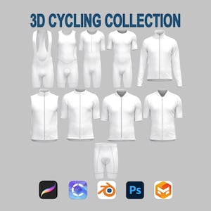 Puede incluir: Colección de ropa de ciclismo blanca, que incluye culottes con tirantes, maillots y una chaqueta, sobre un fondo gris. El texto "3D CYCLING COLLECTION" está en la parte superior. Debajo hay iconos de software de diseño.