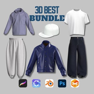 Puede incluir: Colección de prendas 3D que incluye una sudadera con capucha morada, una camiseta blanca, un pantalón de chándal gris, una chaqueta azul, una gorra de béisbol blanca y vaqueros azul oscuro. El texto "3D BEST BUNDLE" está en azul. Iconos de software en la parte inferior.