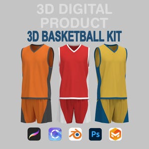 Puede incluir: Imagen de un producto digital 3D con tres diseños de equipaciones de baloncesto. Los kits incluyen camisetas y pantalones cortos naranjas, rojos y amarillos. El texto "3D DIGITAL PRODUCT" y "3D BASKETBALL KIT" se muestra en la parte superior. Iconos de software en la parte inferior.