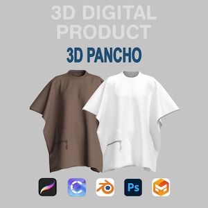 Pode incluir: Imagem de produto digital com dois ponchos 3D, um castanho e outro branco, cada um com um bolso. O texto diz "3D DIGITAL PRODUCT" e "3D PANCHO". Abaixo estão ícones de aplicativos de software de design digital.