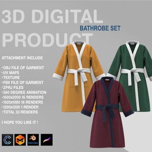 May include: Three bathrobes in different colors: mustard yellow, forest green, and burgundy. Each robe has a white sash and a white trim around the collar and cuffs. The text "3D DIGITAL BATHROBE SET PRODUCT" is at the top of the image.