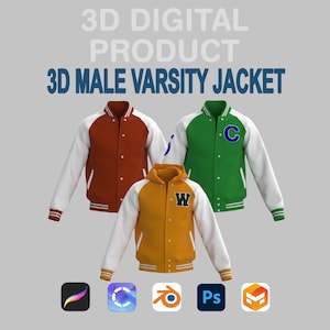 3D Male Varsity Jacket – Procreate & CLO3D Customizable Digital Fashion Model for Blender | OBJ FBX ZPRJ Renders 3D Jacket Mockup