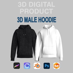 Maqueta 3D de sudadera con capucha para hombre para Procreate / Clo3D Blender. Modelo de prenda 3D.