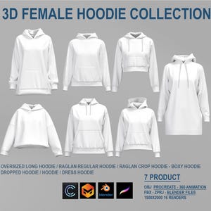 3D Female Hoodie Collection – CLO3D + Procreate + Blender | 7 Customizable Hoodie Models | OBJ FBX ZPRJ