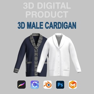 Cárdigan 3D para hombre: modelo digital personalizable para Procreate y CLO3D para Blender/OBJ, renders FBX ZPRJ, maqueta de chaqueta 3D