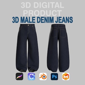Può includere: Un rendering digitale di jeans in denim blu scuro. I jeans sono a gamba larga, a vita alta e presentano tasche visibili e chiusura con bottoni. Il testo "3D DIGITAL PRODUCT 3D MALE DENIM JEANS" è visualizzato in alto. Icone del software in basso.