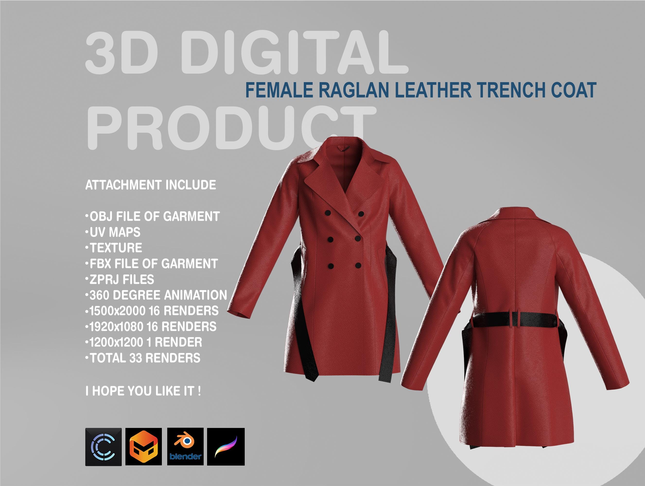 ATTACHMENT Long Mods coat size3 【sample】 3D Raglan Leather Trench Coat - Procreate Obj - Blender