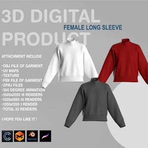 May include: 3D digital product of a long-sleeved shirt in three colors: white, red, and black. The image includes text describing the product's features and the files included.