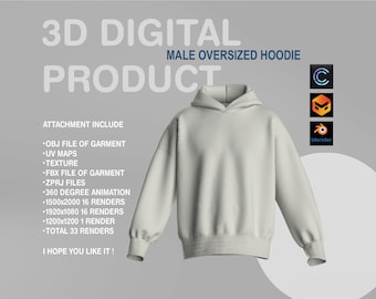 3D HOODIE - OVERSIZED - CLO3D - Marvelous Designer  - Fbx - Obj - Zprj - Digital - 3D Digital Garment