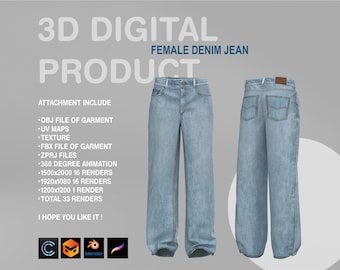 3D FEMALE DENIM JEAN - CLO3D - Procreate obj - Blender - Jeans - Denim - Pant - Digital - 3DDigital Garment - Marvelous Designer -Fbx - Zprj