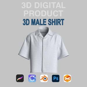 Può includere: Una camicia bianca a righe verticali blu con maniche corte. La camicia ha un colletto e bottoni. Il testo sull'immagine recita "3D DIGITAL PRODUCT 3D MALE SHIRT". Le icone del software di progettazione sono in basso.