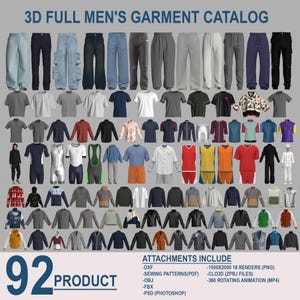Może przedstawiać: Katalog 92 modeli 3D odzieży męskiej, w tym spodnie, koszule, kurtki i swetry. Katalog zawiera pliki DXF, wzory szycia, OBJ, FBX i PSD, a także 16 renderów, pliki CLO3D i animację obrotową 360 stopni.