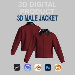 May include: A 3D digital product image of a burgundy jacket with a black collar. The jacket is displayed from the front and back. The text "3D DIGITAL PRODUCT 3D MALE JACKET" is at the top. Software icons are at the bottom.