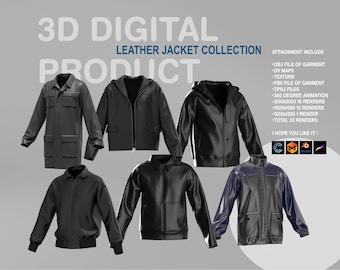 May include: A collection of six 3D digital leather jackets in various styles. The jackets are all black and have different zipper and pocket details. The image includes the text "3D DIGITAL LEATHER JACKET COLLECTION PRODUCT".