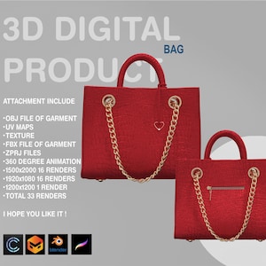 May include: A red handbag with a gold chain strap. The bag has a textured surface and a small heart charm on the front. The text "3D DIGITAL PRODUCT BAG" is at the top of the image.